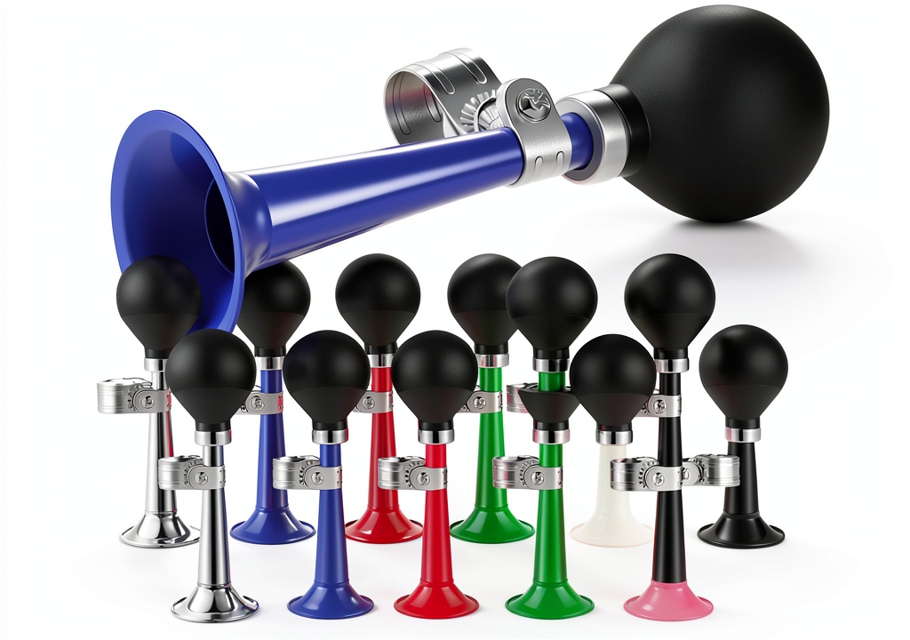 Colorful bike horns mounted on a bicycle handlebar